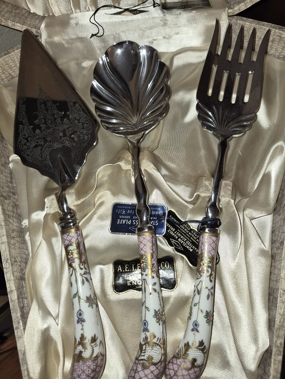 Vintage 3-Piece Serving Utensil Set by A.E. Lewis & Co. "Floraine" pattern